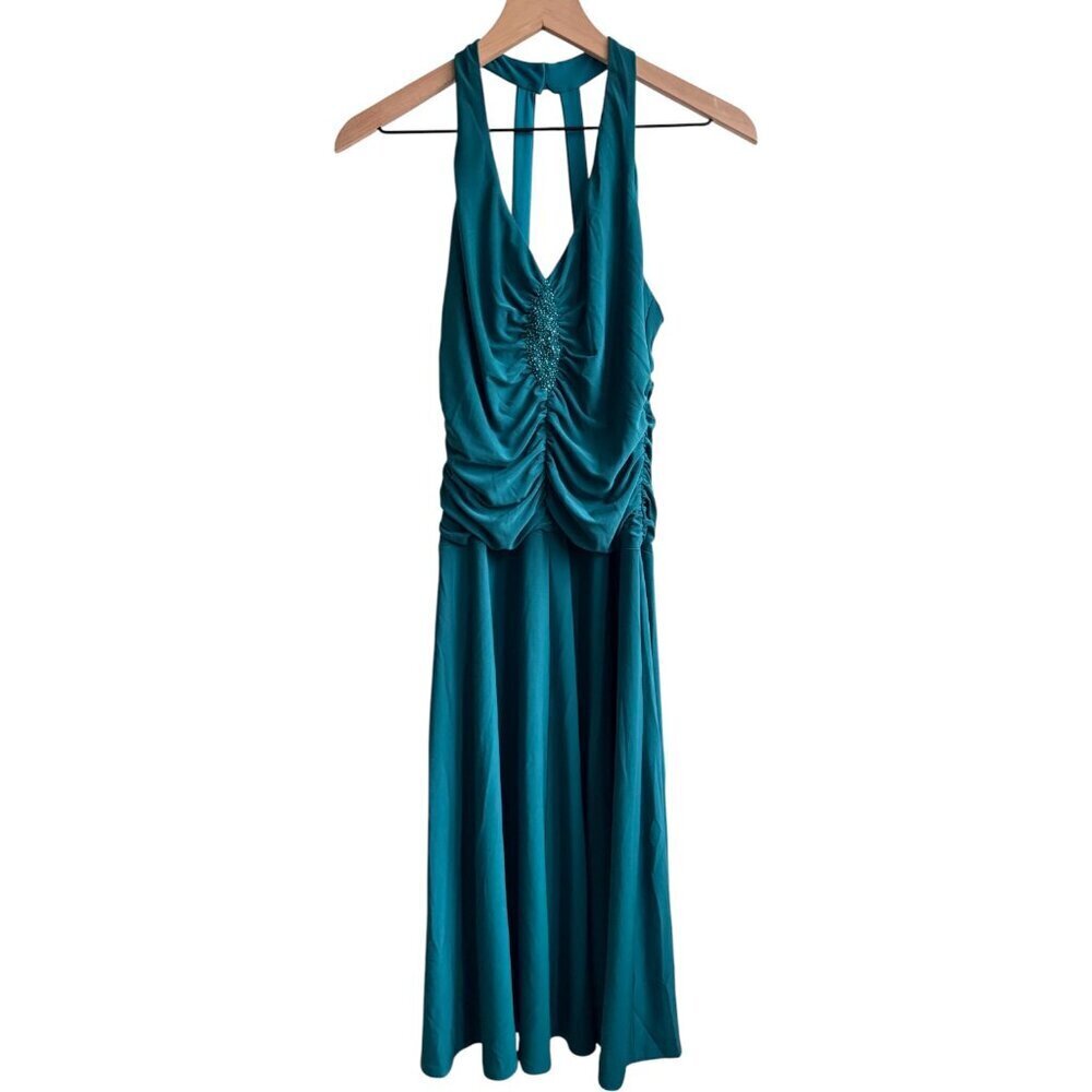 Vintage Y2k Sparkly Glitter Teal Halter Prom Party Dress Ruched Bodice Size 8 - Picture 2 of 5